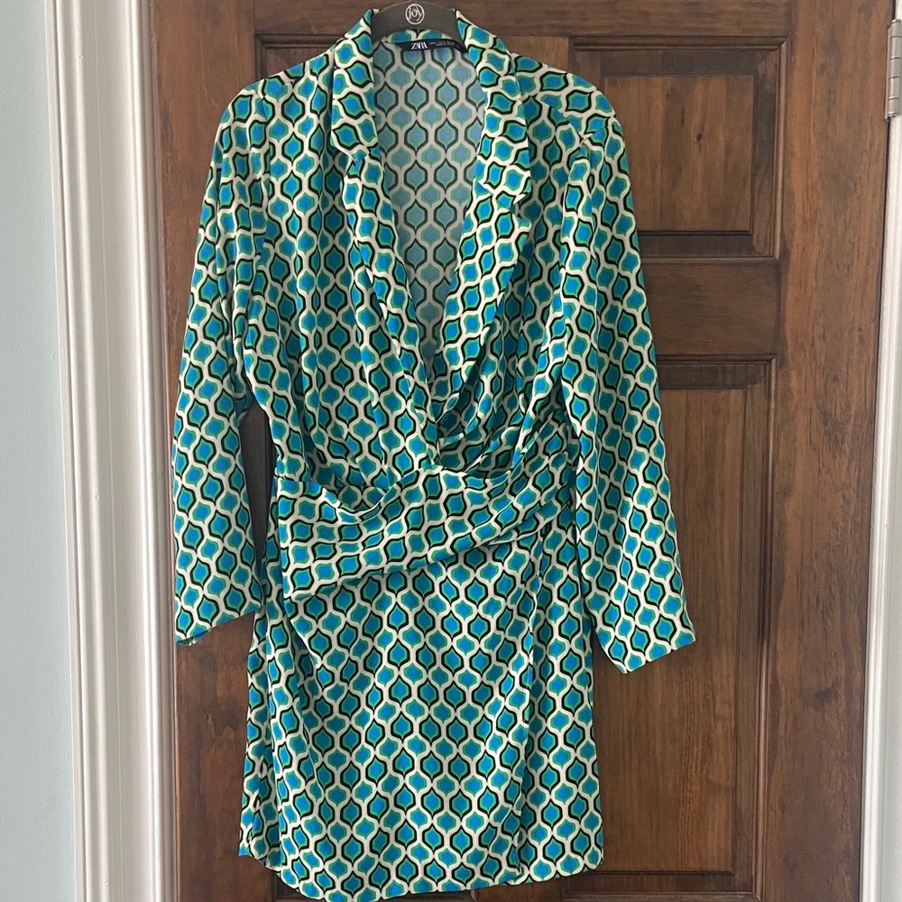 Zara Blue and Green Geometric Dress (Size Large) excellent condition